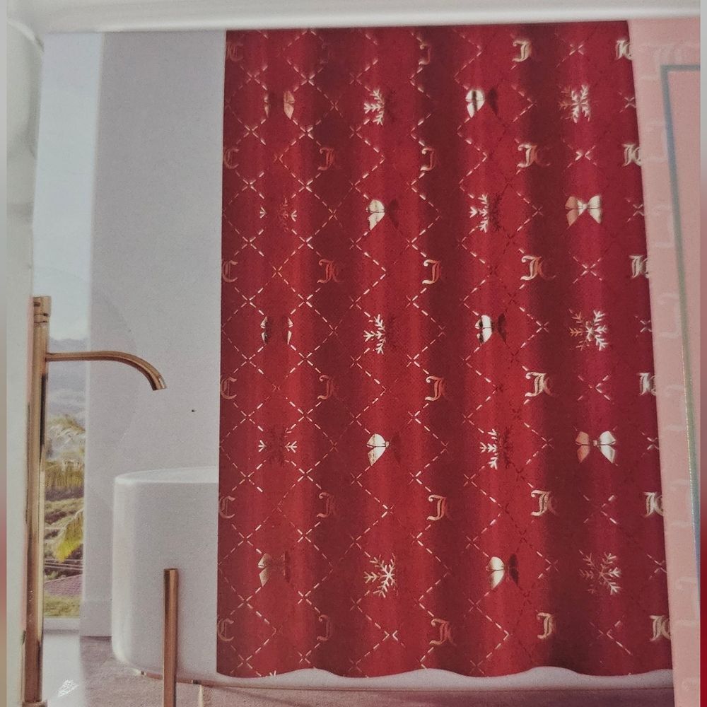 Juicy Couture Curtain Red Gold Holiday Bow Shower Curtain Hooks Bathroom Decor